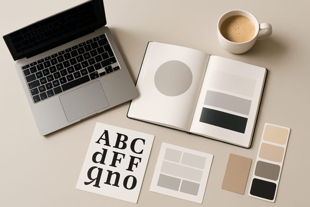 Minimalist workspace still life with a laptop, style guide notebook, and color swatches representing brand voice guidelines