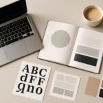 Minimalist workspace still life with a laptop, style guide notebook, and color swatches representing brand voice guidelines