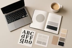 Minimalist workspace still life with a laptop, style guide notebook, and color swatches representing brand voice guidelines