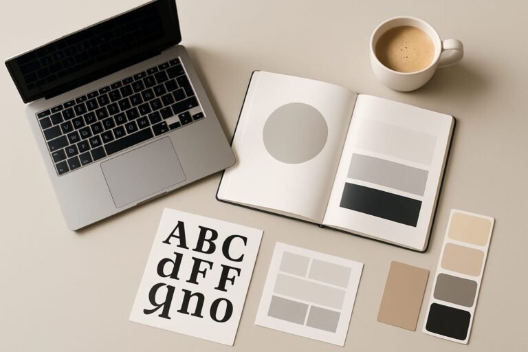 Minimalist workspace still life with a laptop, style guide notebook, and color swatches representing brand voice guidelines