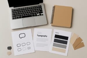 Notebook, brand style guide pages, and speech bubble icons beside a laptop on a desk