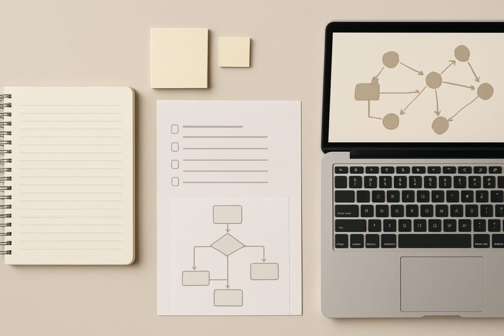 Diagram-style workspace showing an AI content workflow with documents, checklists, and connected nodes