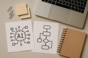 Notebook, laptop, and abstract AI flowchart diagram on a desk with neutral office items