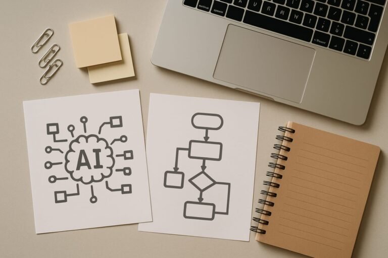 Notebook, laptop, and abstract AI flowchart diagram on a desk with neutral office items