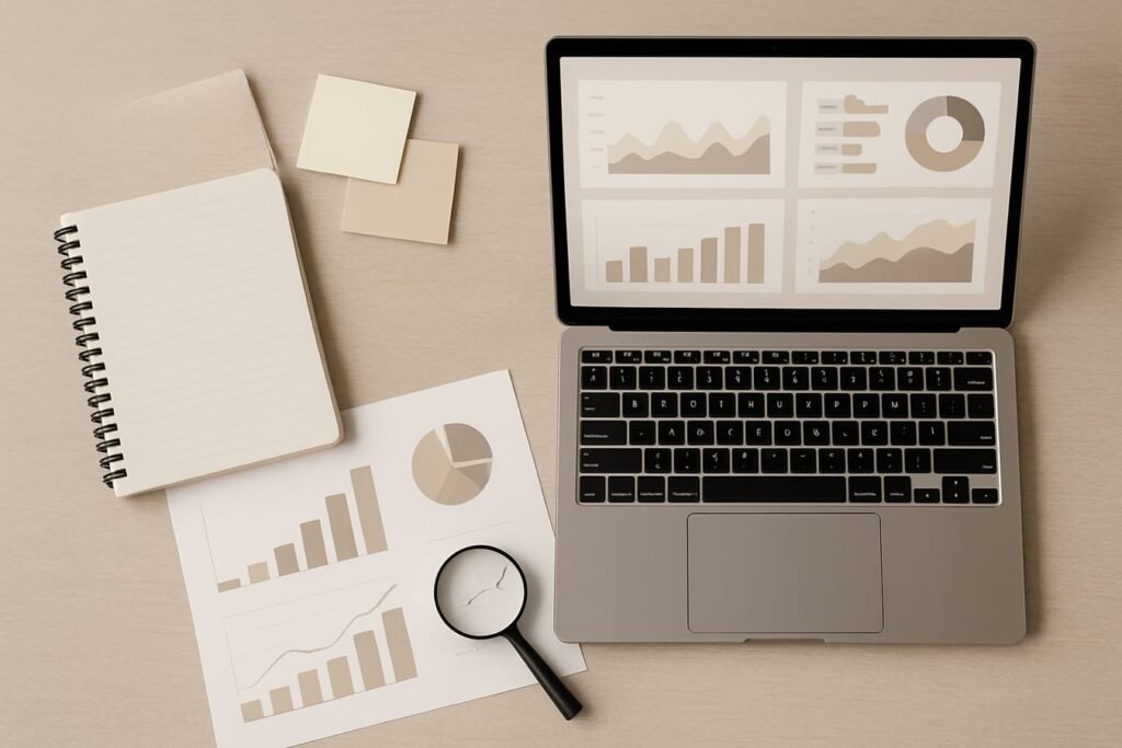 Notebook, sticky notes, charts, and a magnifying glass arranged on a desk to represent AI-driven audience research
