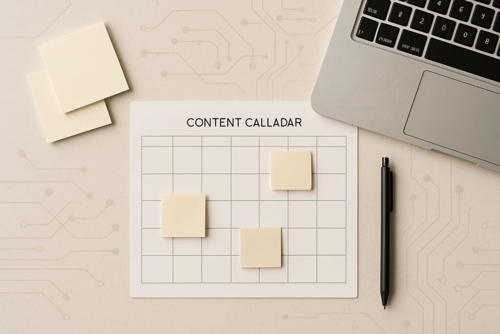 Workspace flat lay with notebook, calendar page, sticky notes, and abstract AI circuit icons