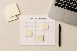 Workspace flat lay with notebook, calendar page, sticky notes, and abstract AI circuit icons