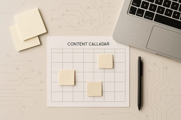 Workspace flat lay with notebook, calendar page, sticky notes, and abstract AI circuit icons