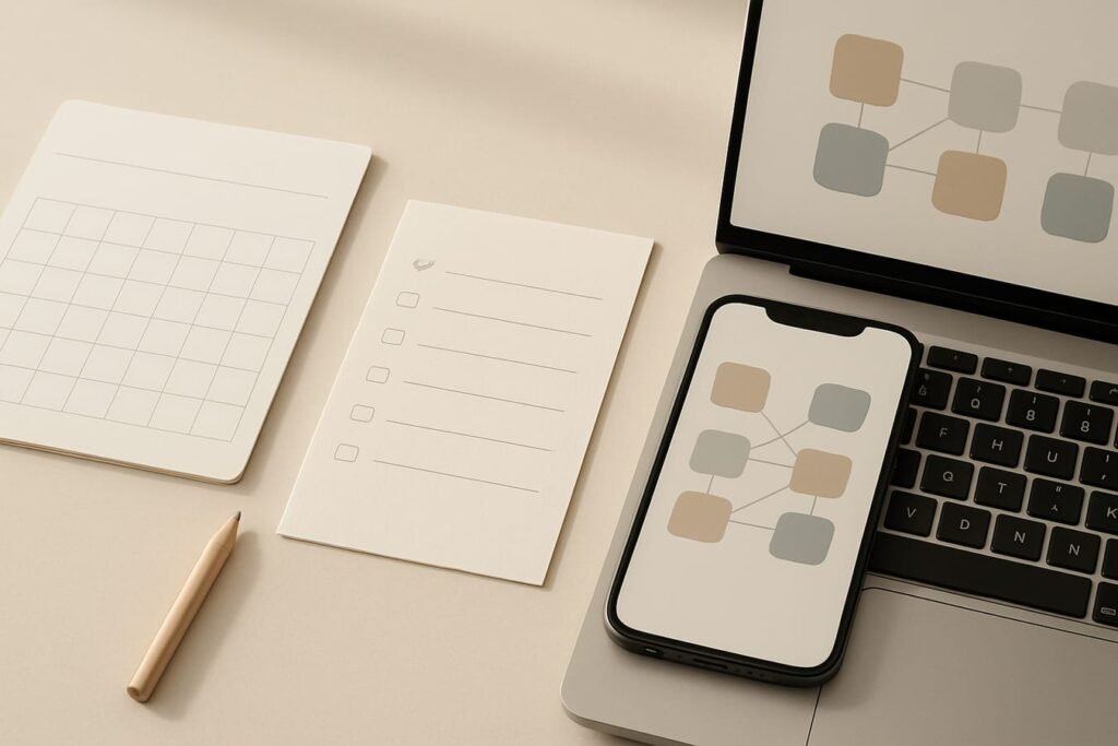 Desktop workspace with calendar, checklist notebook, and connected app icons representing an AI-assisted workflow