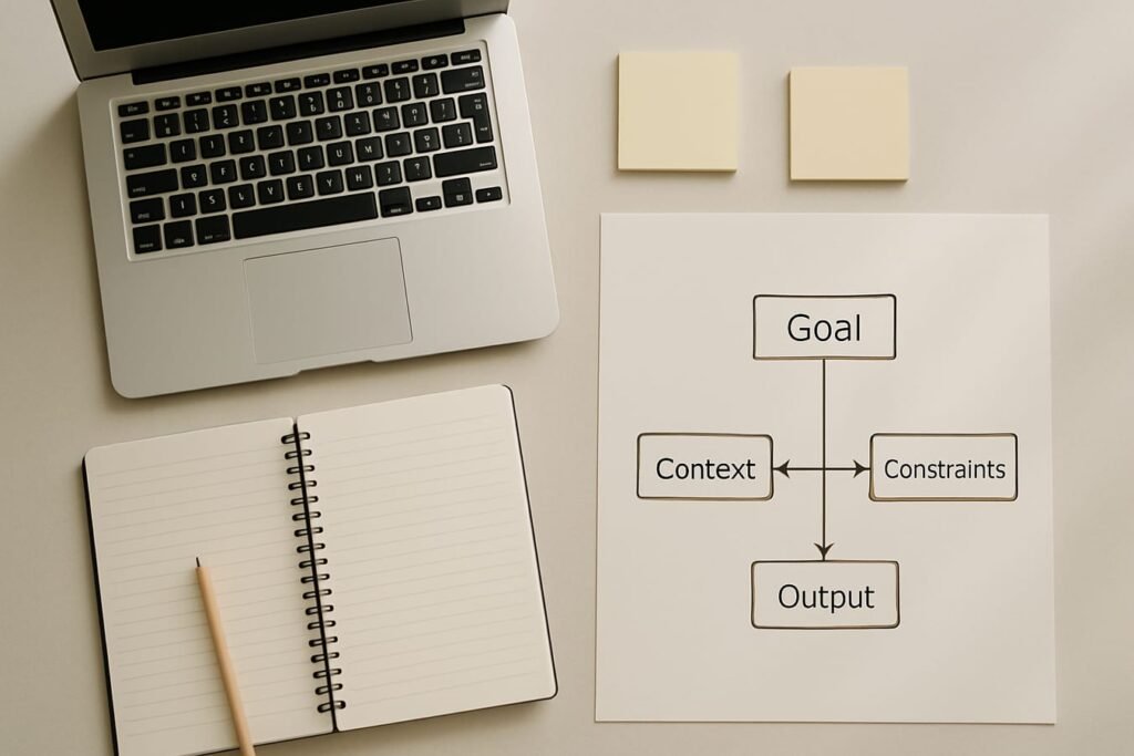 Notebook and sticky notes with a structured prompt framework diagram next to a laptop on a desk