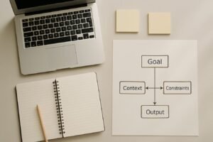 Notebook and sticky notes with a structured prompt framework diagram next to a laptop on a desk