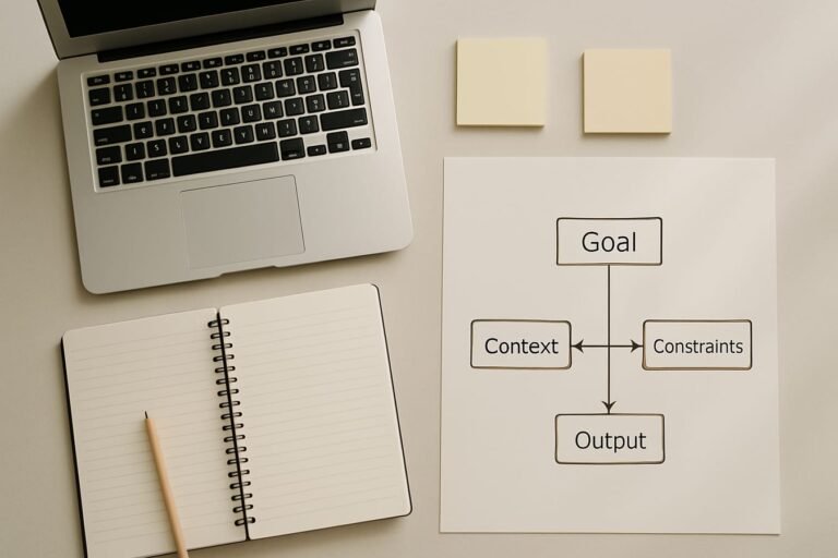 Notebook and sticky notes with a structured prompt framework diagram next to a laptop on a desk
