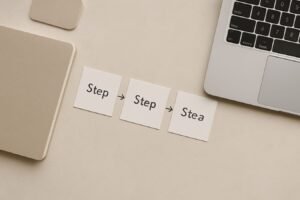 A notebook, index cards, and arrows linking steps on a desk to illustrate chained prompts as a workflow