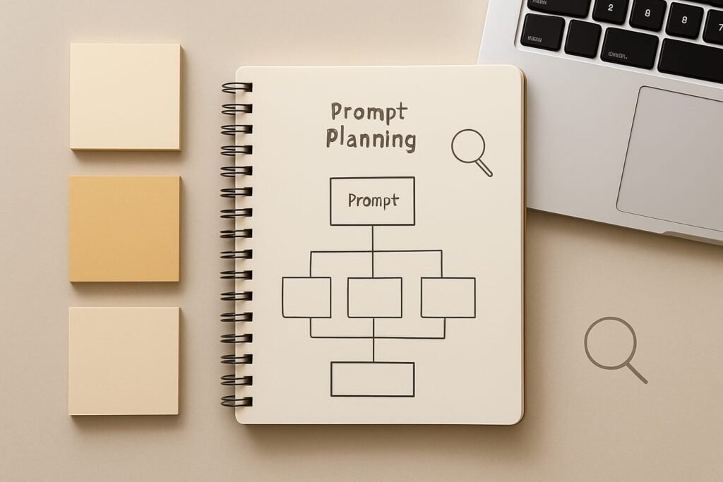 Notebook, keyboard, and sticky notes showing a structured prompt planning workflow for AI writing and SEO