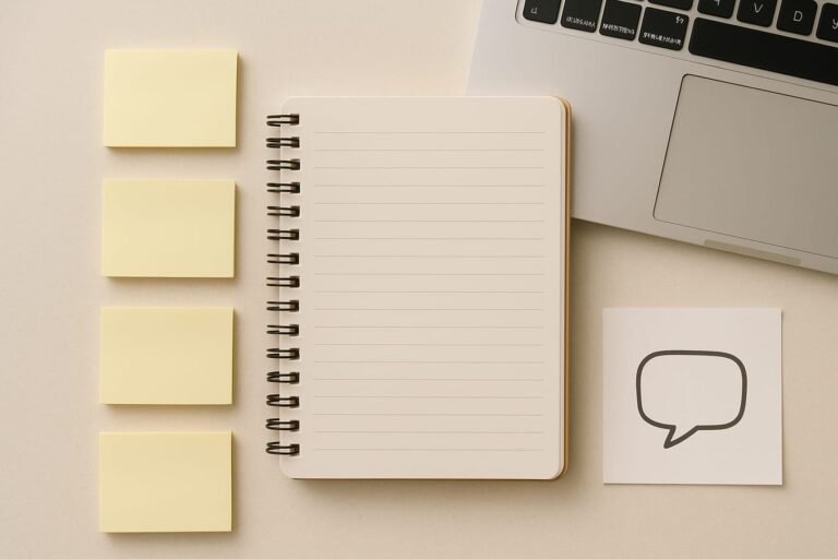 Notebook, sticky notes, and a chat bubble icon beside a keyboard representing prompt engineering planning