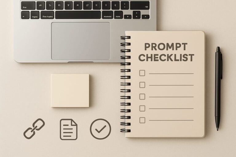 Notebook and sticky notes with prompt checklist beside a laptop on a clean desk