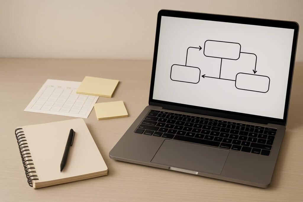 Minimal desk flat lay with notebook, calendar, sticky notes, and a laptop showing a simple flow diagram