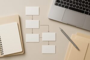 Notebook, flowchart cards, and labeled folders representing a repeatable AI workflow