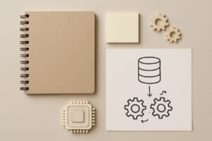 Minimalist diagram of connected gears, database cylinder, and AI chip representing AI automation workflow