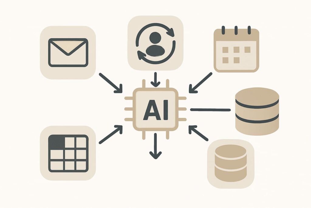 AI automation workflow diagram with connected apps and data nodes