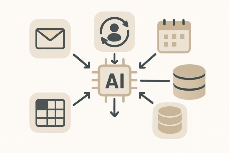 AI automation workflow diagram with connected apps and data nodes