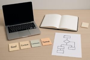 Notebook and sticky notes with prompt engineering concepts beside a laptop on a desk