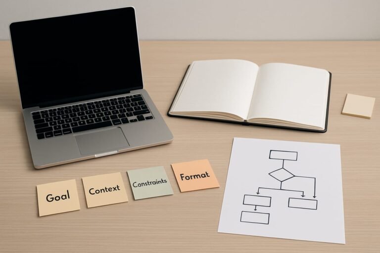 Notebook and sticky notes with prompt engineering concepts beside a laptop on a desk