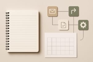 Abstract workspace of connected app icons and workflow nodes representing AI agents coordinating tasks