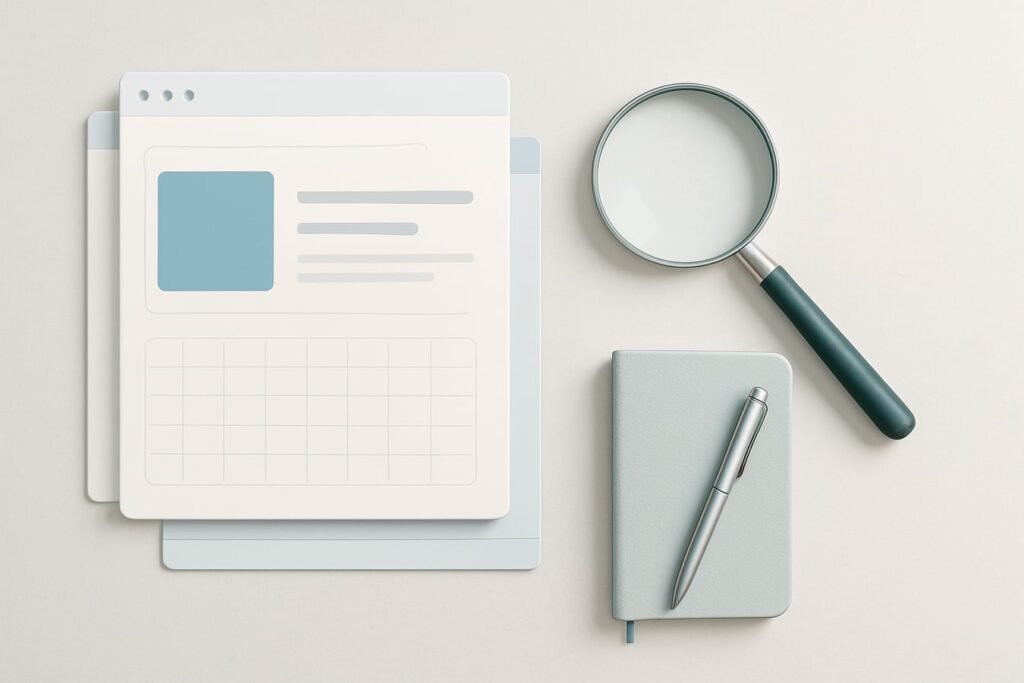 Minimal white workspace with a laptop showing blurred analytics charts, a magnifying glass, and a notebook—AI content audit concept