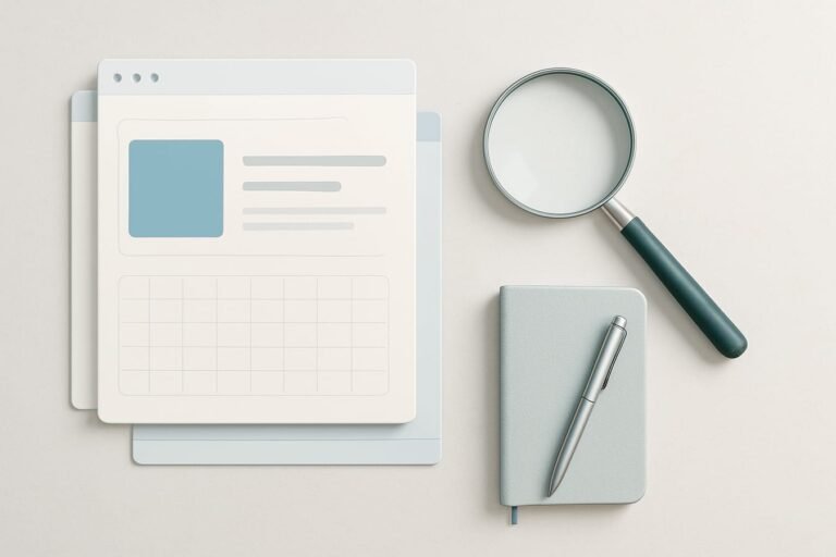 Minimal white workspace with a laptop showing blurred analytics charts, a magnifying glass, and a notebook—AI content audit concept