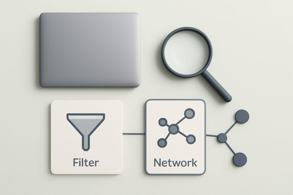 The Complete Guide to AI Search Optimization for Small Businesses Minimal editorial flat lay of a laptop with a magnifying glass, sitemap cards, and simple graph lines on a very pale mint background with graphite accents.