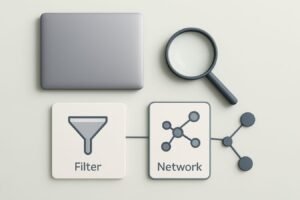 Minimal editorial flat lay of a laptop with a magnifying glass, sitemap cards, and simple graph lines on a very pale mint background with graphite accents.