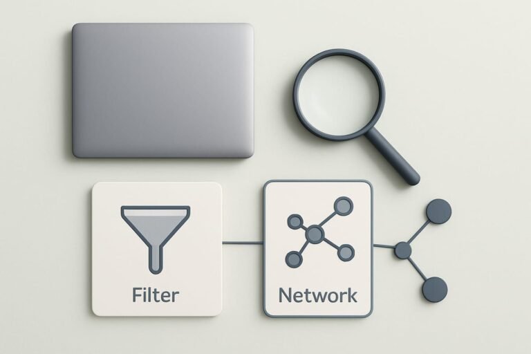Minimal editorial flat lay of a laptop with a magnifying glass, sitemap cards, and simple graph lines on a very pale mint background with graphite accents.