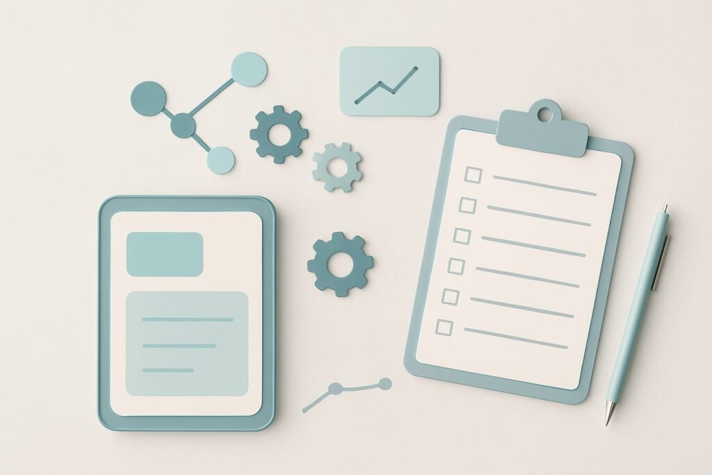 Flat lay of an SEO checklist with magnifying glass, gears, and a neutral clipboard on a light stone-gray background with subtle blue accents, no text or logos.