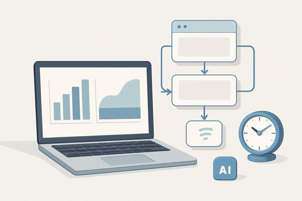 Minimal desktop flow: laptop with abstract analytics, cards arranged like a marketing funnel, and a small clock on a stone-gray background with blue accents.