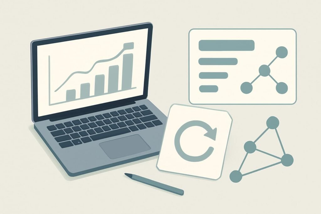 Flat lay of a laptop with analytics and a refresh arrow over a document icon on a soft blue-gray background with clean negative space.