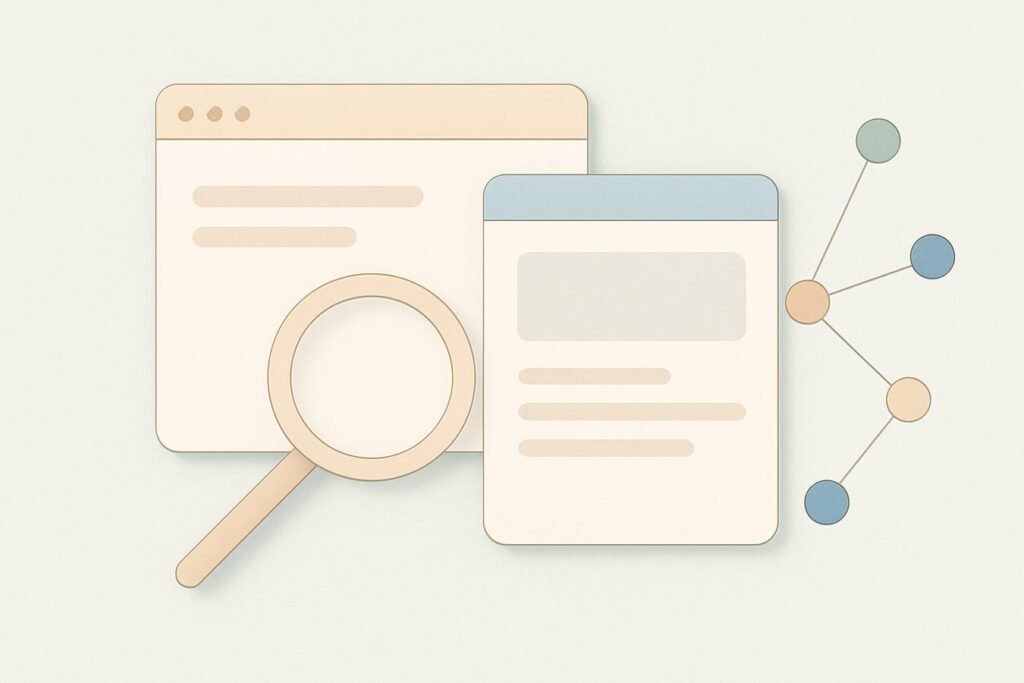 Abstract editorial still life: layered browser windows, search panel, and schema nodes on a very pale mint background with graphite accents, no text.