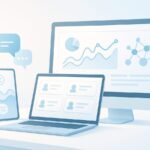 Abstract customer experience dashboard with chat bubbles, analytics charts, and connected data nodes on a clean digital workspace