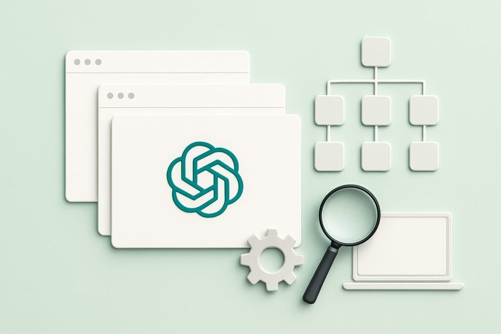 Abstract technical SEO workflow with sitemap nodes, crawl arrows, and settings icons on a very pale mint background with graphite details.