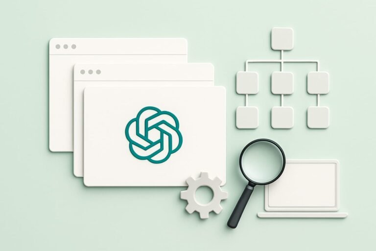 Abstract technical SEO workflow with sitemap nodes, crawl arrows, and settings icons on a very pale mint background with graphite details.