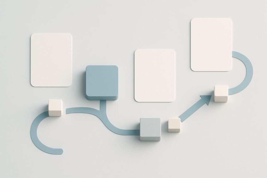 Clean white desk with a laptop showing abstract local map pins and minimalist analytics charts, next to a notebook and smartphone on a cool white workspace.