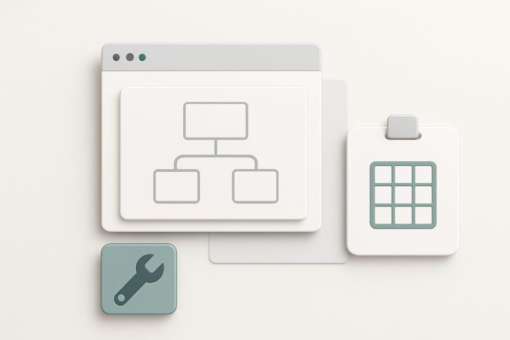 Abstract site map: neutral wooden pins connected by thin white strings forming a network on a pale sand background, soft editorial lighting, no text.