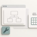 Abstract site map: neutral wooden pins connected by thin white strings forming a network on a pale sand background, soft editorial lighting, no text.