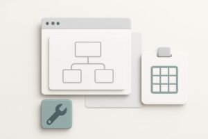 Abstract site map: neutral wooden pins connected by thin white strings forming a network on a pale sand background, soft editorial lighting, no text.