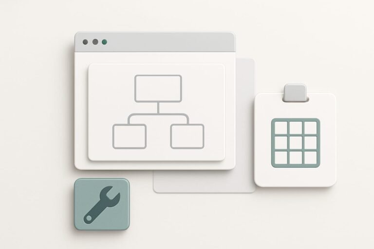 Abstract site map: neutral wooden pins connected by thin white strings forming a network on a pale sand background, soft editorial lighting, no text.