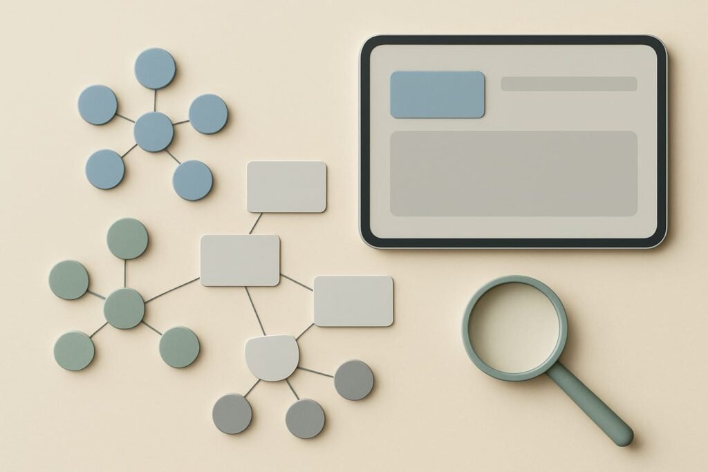 Abstract keyword clusters as connected nodes and cards on a warm ivory desk with muted sage accents, editorial still life without text.