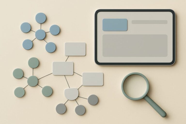 Abstract keyword clusters as connected nodes and cards on a warm ivory desk with muted sage accents, editorial still life without text.