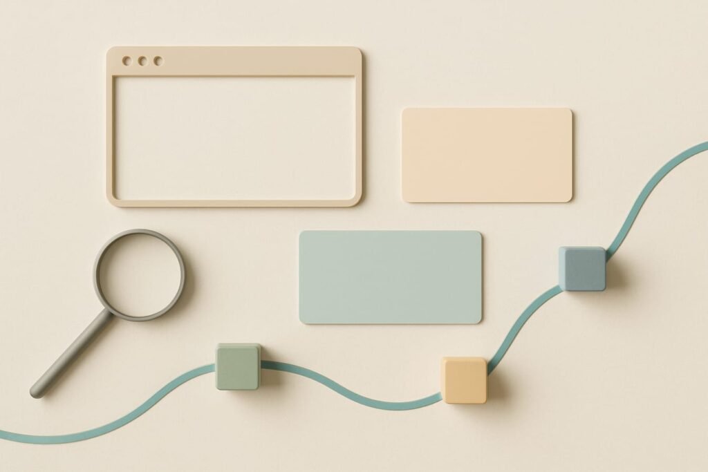 Editorial flat lay: laptop, magnifying glass, blank sticky notes, and a neutral browser-like frame on a pale sand background with soft lighting.