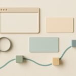 Editorial flat lay: laptop, magnifying glass, blank sticky notes, and a neutral browser-like frame on a pale sand background with soft lighting.