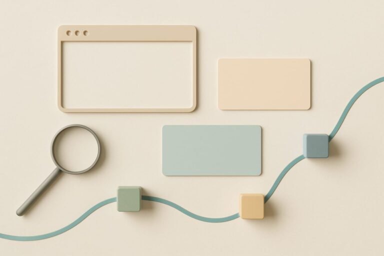 Editorial flat lay: laptop, magnifying glass, blank sticky notes, and a neutral browser-like frame on a pale sand background with soft lighting.